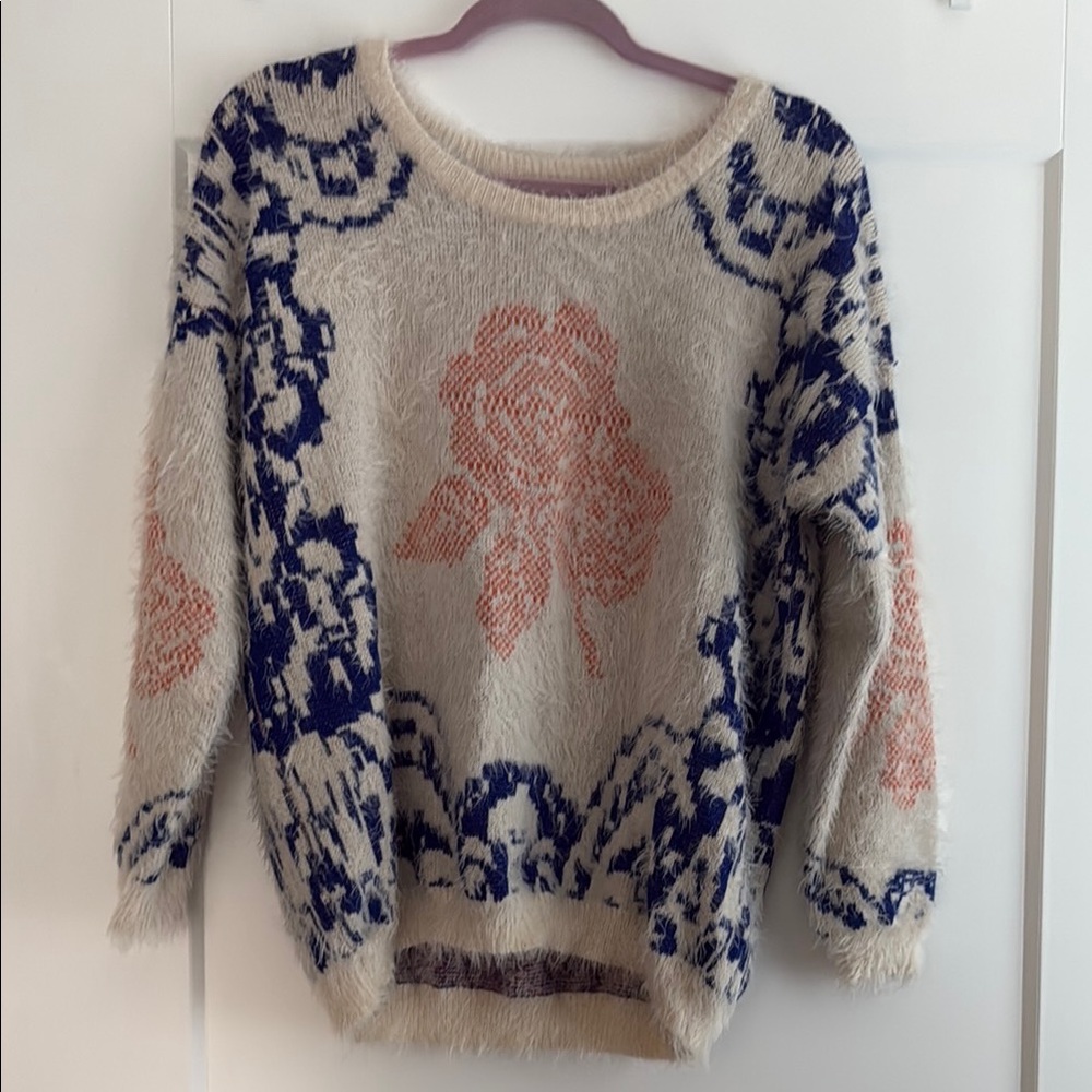 Anthropologie Vintage Floral Rose Cream and Blue Crew Neck Sweater